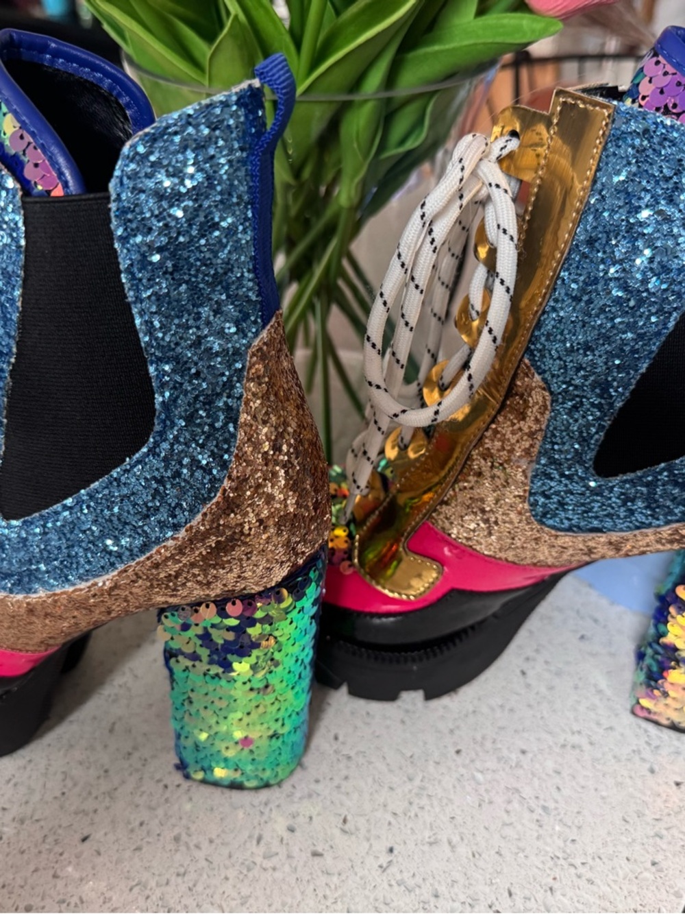 Cape Robbin Multicolor Sequin Lace-Up Boots with Gold Trim and Pink Accents - Picture 2 of 4